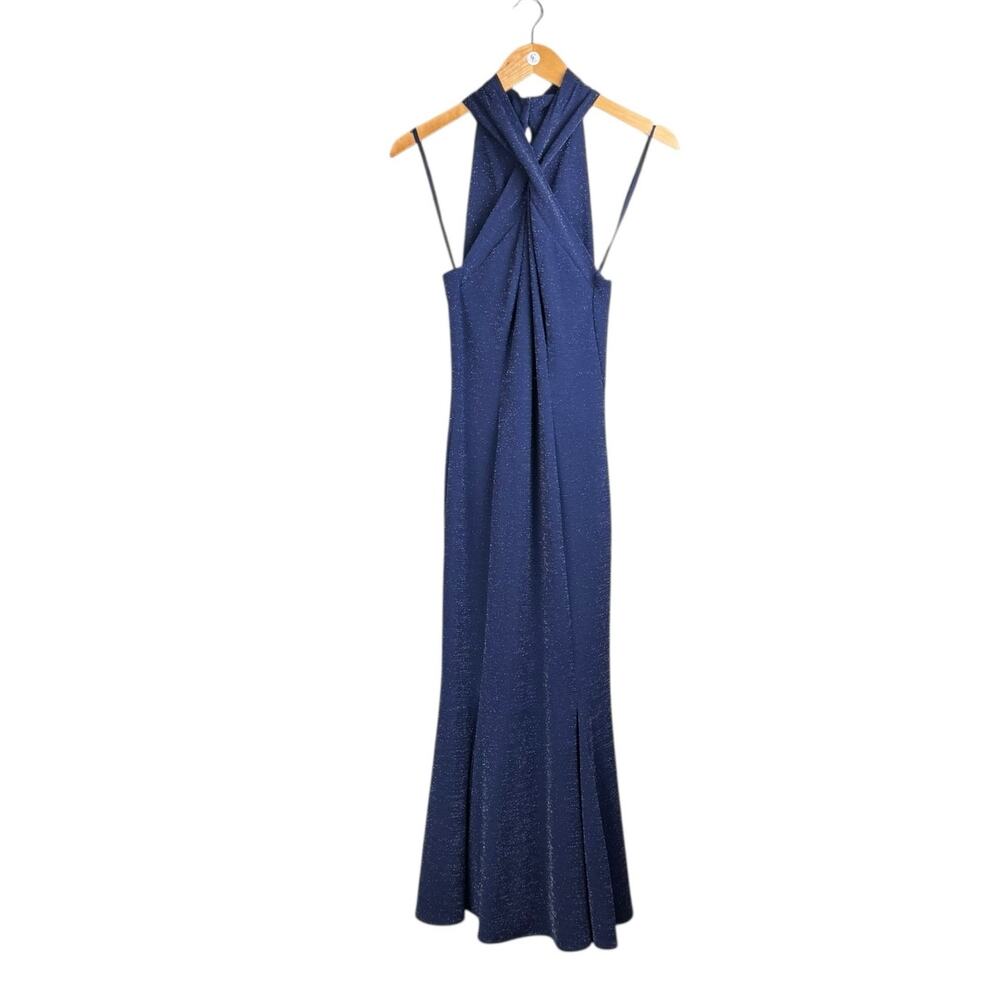 Tahari ASL Navy Sparkle Crossover Halter Slim Maxi Formal Cocktail Dress Gown - Picture 7 of 9